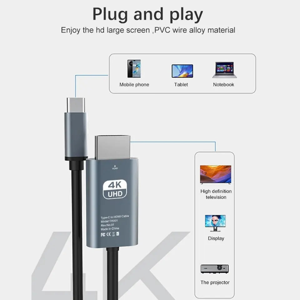 Cable USB tipo C a HDMI 4K de 2 metros de longitud