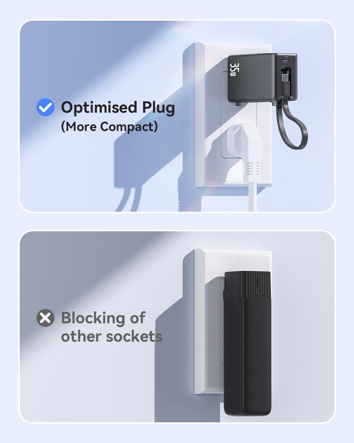 Cargador portátil Kuulaa 5000mAh con carga rápida 35W, cable integrado y enchufe de pared