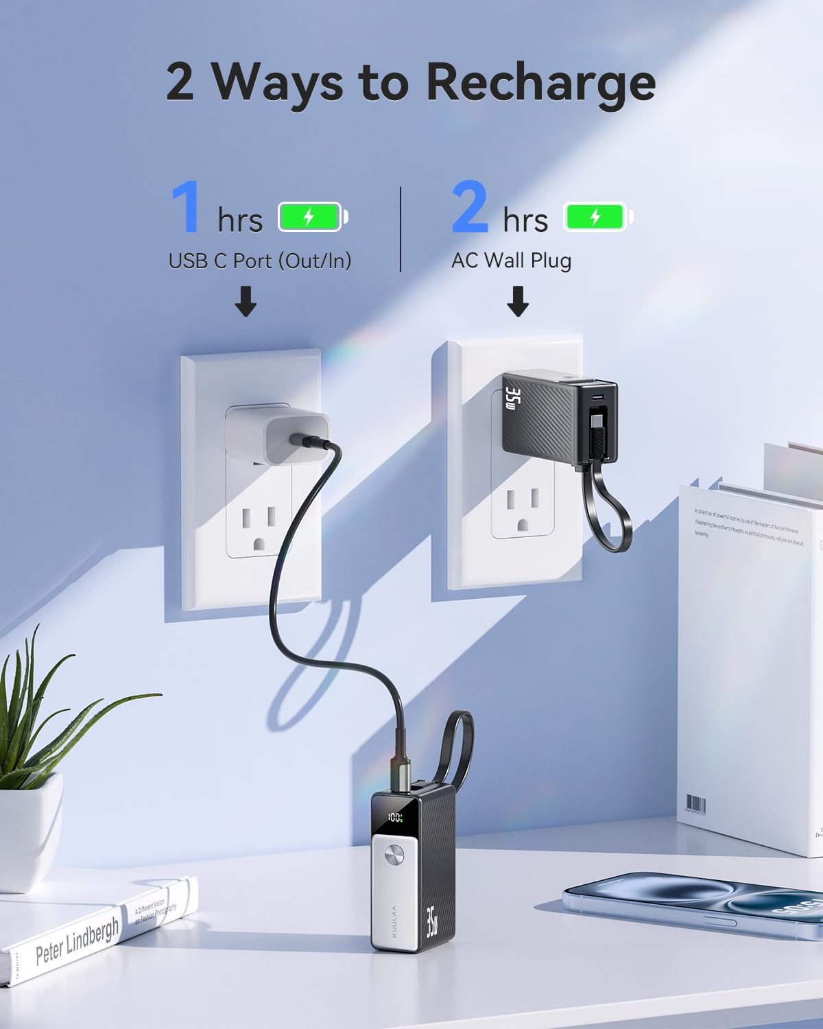 Cargador portátil Kuulaa 5000mAh con carga rápida 35W, cable integrado y enchufe de pared