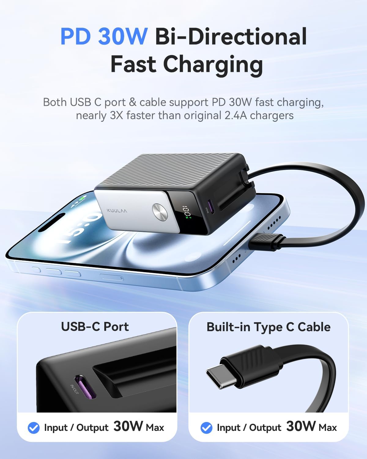 Cargador portátil Kuulaa 5000mAh con carga rápida 35W, cable integrado y enchufe de pared
