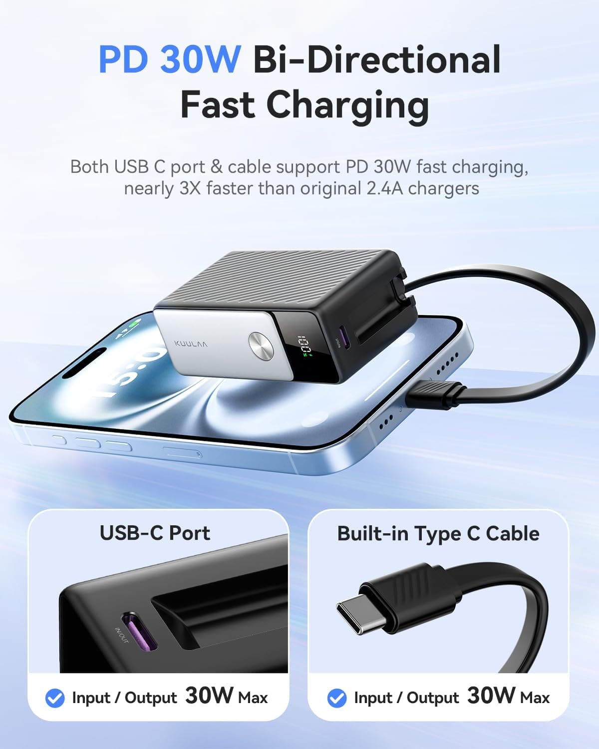 Cargador portátil Kuulaa 5000mAh con carga rápida 35W, cable integrado y enchufe de pared