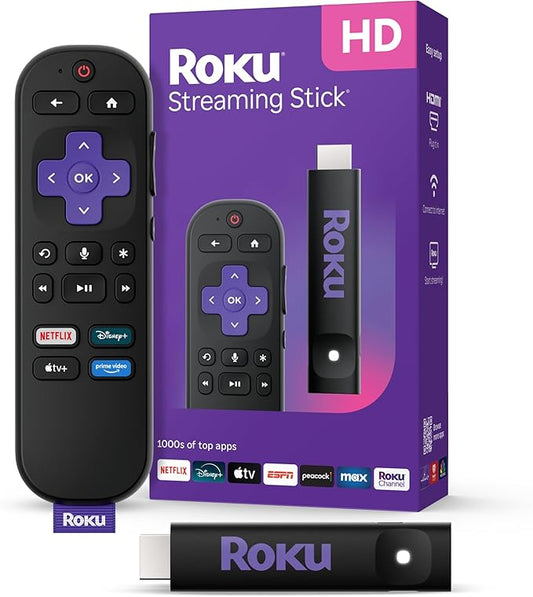 Roku Streaming Stick HD 2025: dispositivo de transmisión HD para TV con control remoto por voz de Roku y TV en vivo