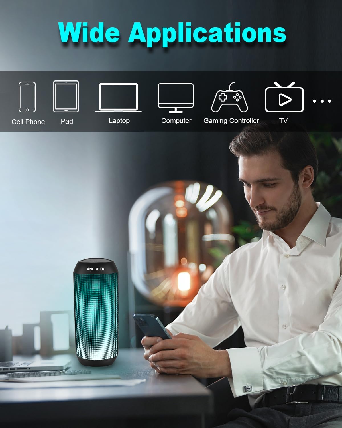 Bocina portatil Bluetooth impermeable IPX4 con 15w y modos de luz LED multiples