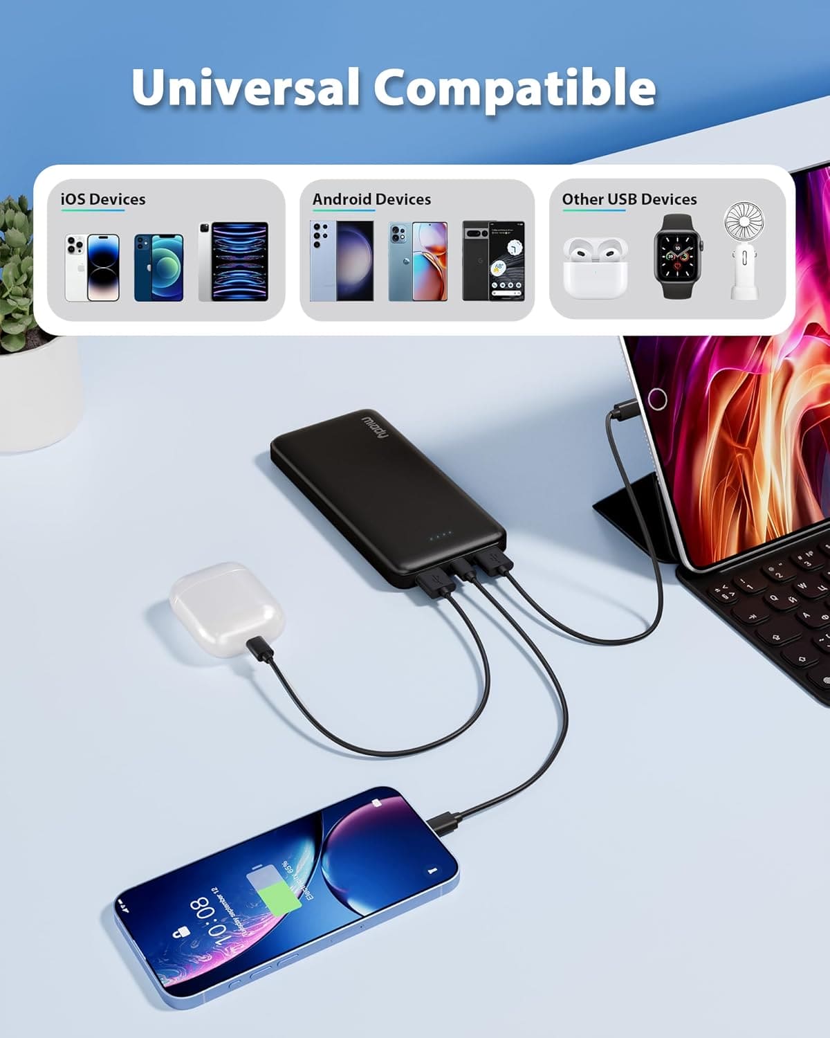 Miady Power Bank 10000mAh – Carga rápida, ultra portátil y con doble USB