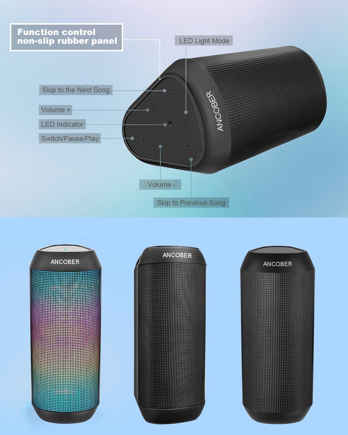 Bocina portatil Bluetooth impermeable IPX4 con 15w y modos de luz LED multiples