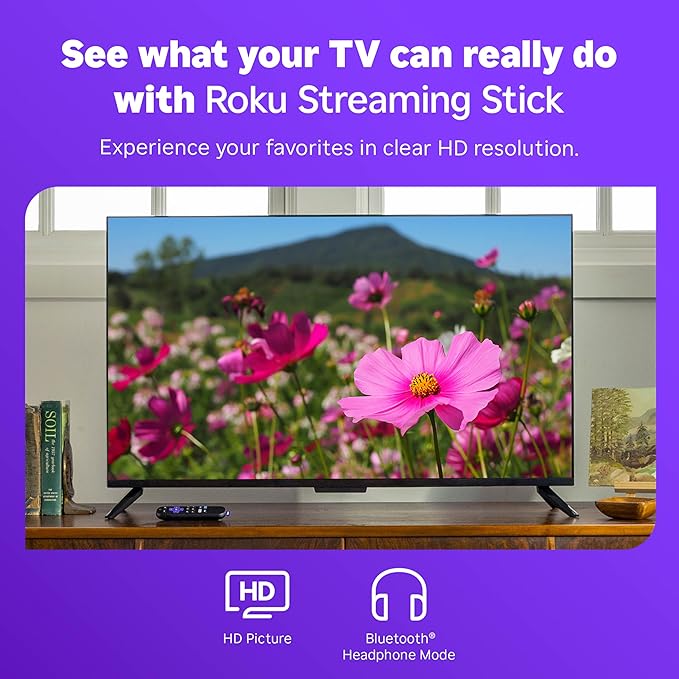 Roku Streaming Stick HD 2025: dispositivo de transmisión HD para TV con control remoto por voz de Roku y TV en vivo