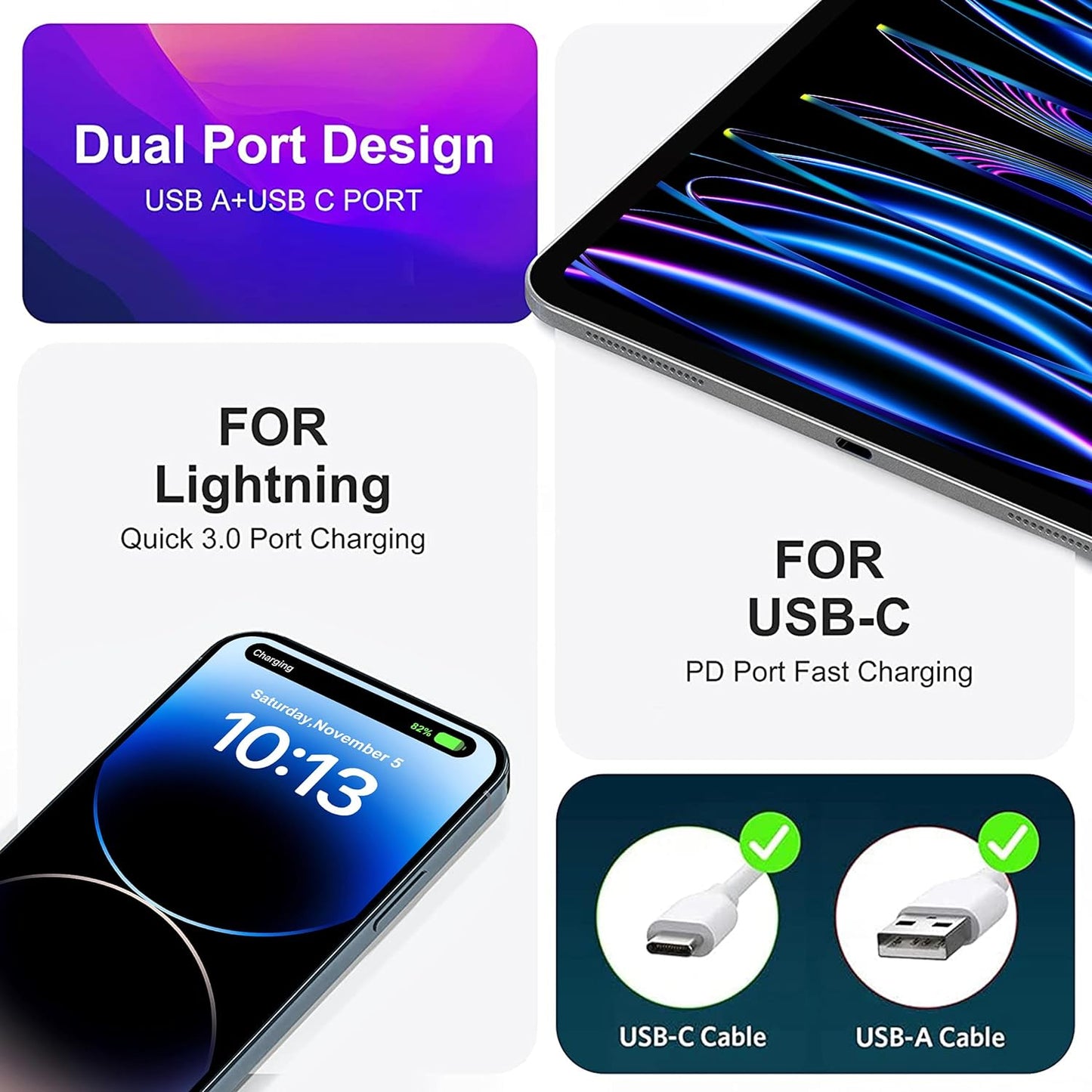 Cargador USB-C and USB-A 20W PD Fast Charge 4 Port
