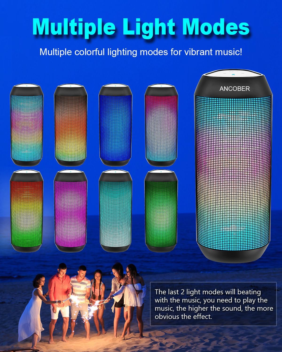 Bocina portatil Bluetooth impermeable IPX4 con 15w y modos de luz LED multiples