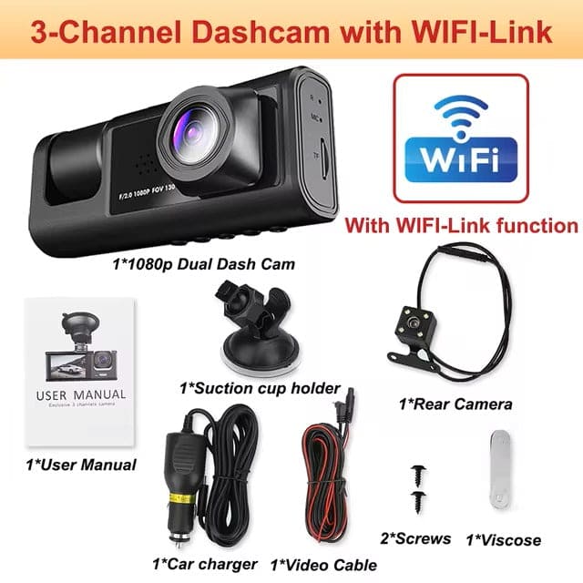DashCam with 2 HD Cameras with WiFi - Front and Interior Dashboard Camera with Night Vision
