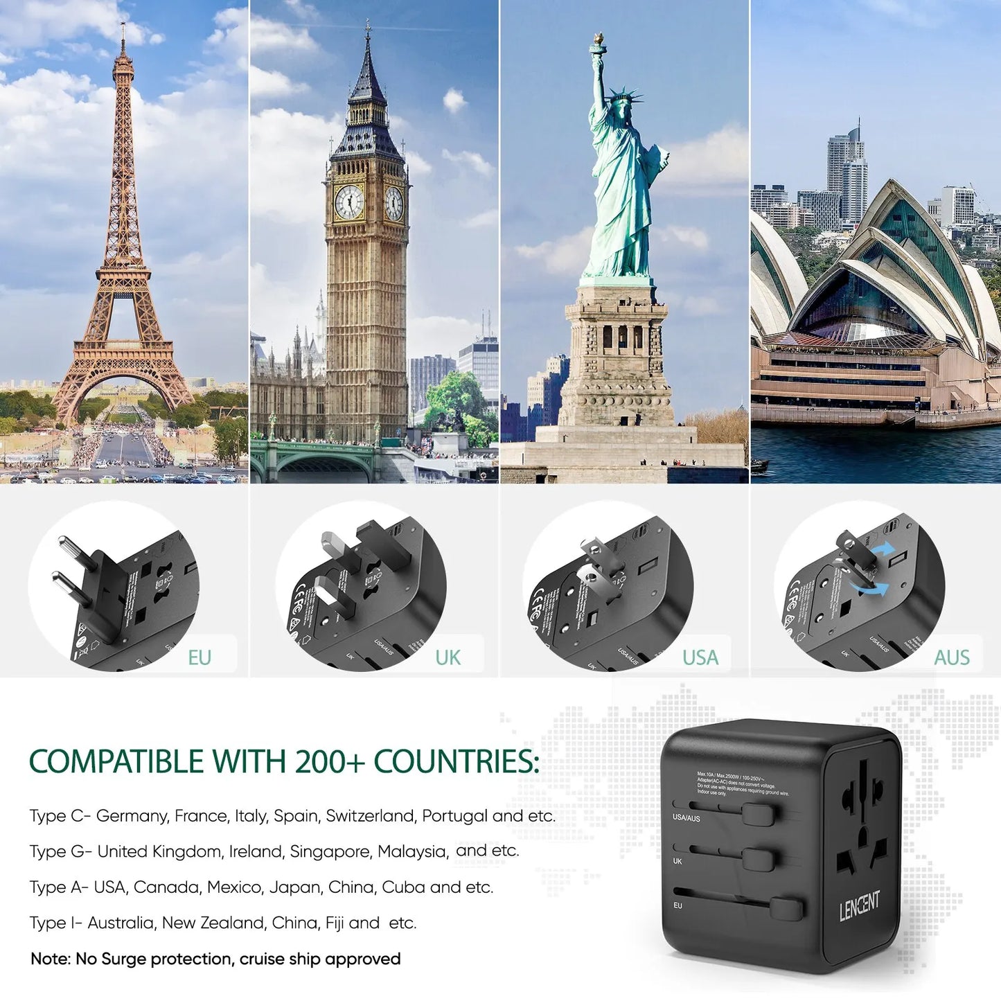 Adaptador de corriente de viaje internacional Lencent todo en uno para UE/REINO UNIDO/EE. UU./AUS