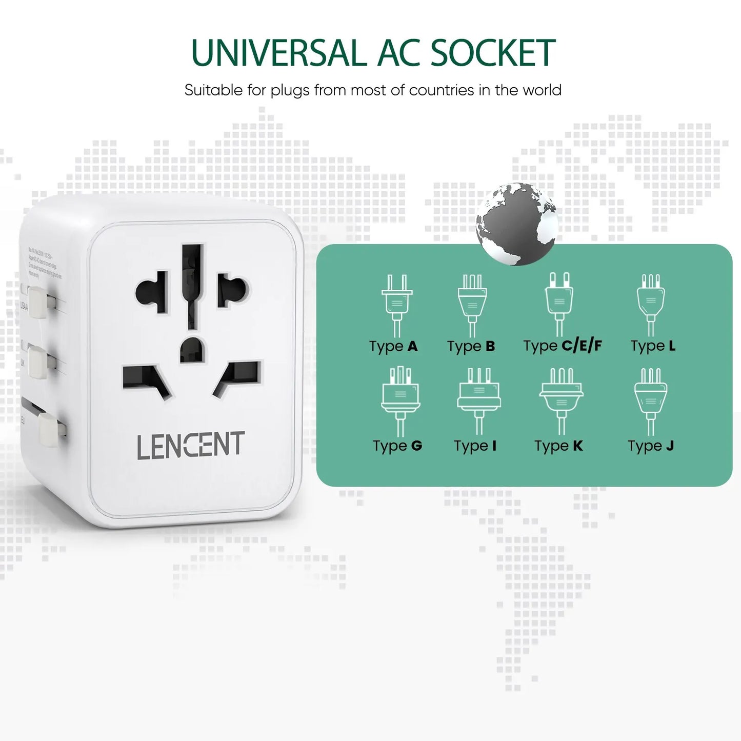 Adaptador de corriente de viaje internacional Lencent todo en uno para UE/REINO UNIDO/EE. UU./AUS