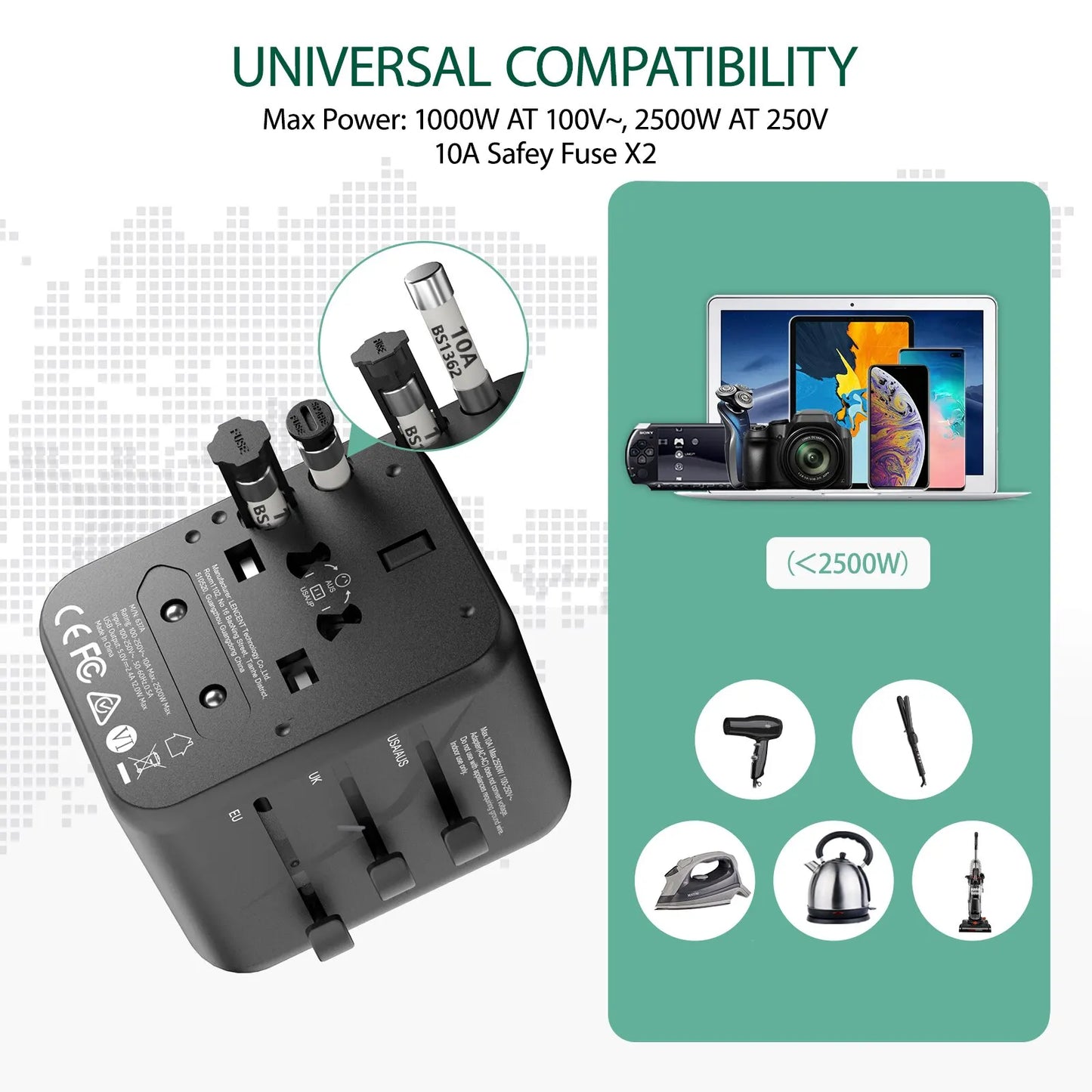 Adaptador de corriente de viaje internacional Lencent todo en uno para UE/REINO UNIDO/EE. UU./AUS