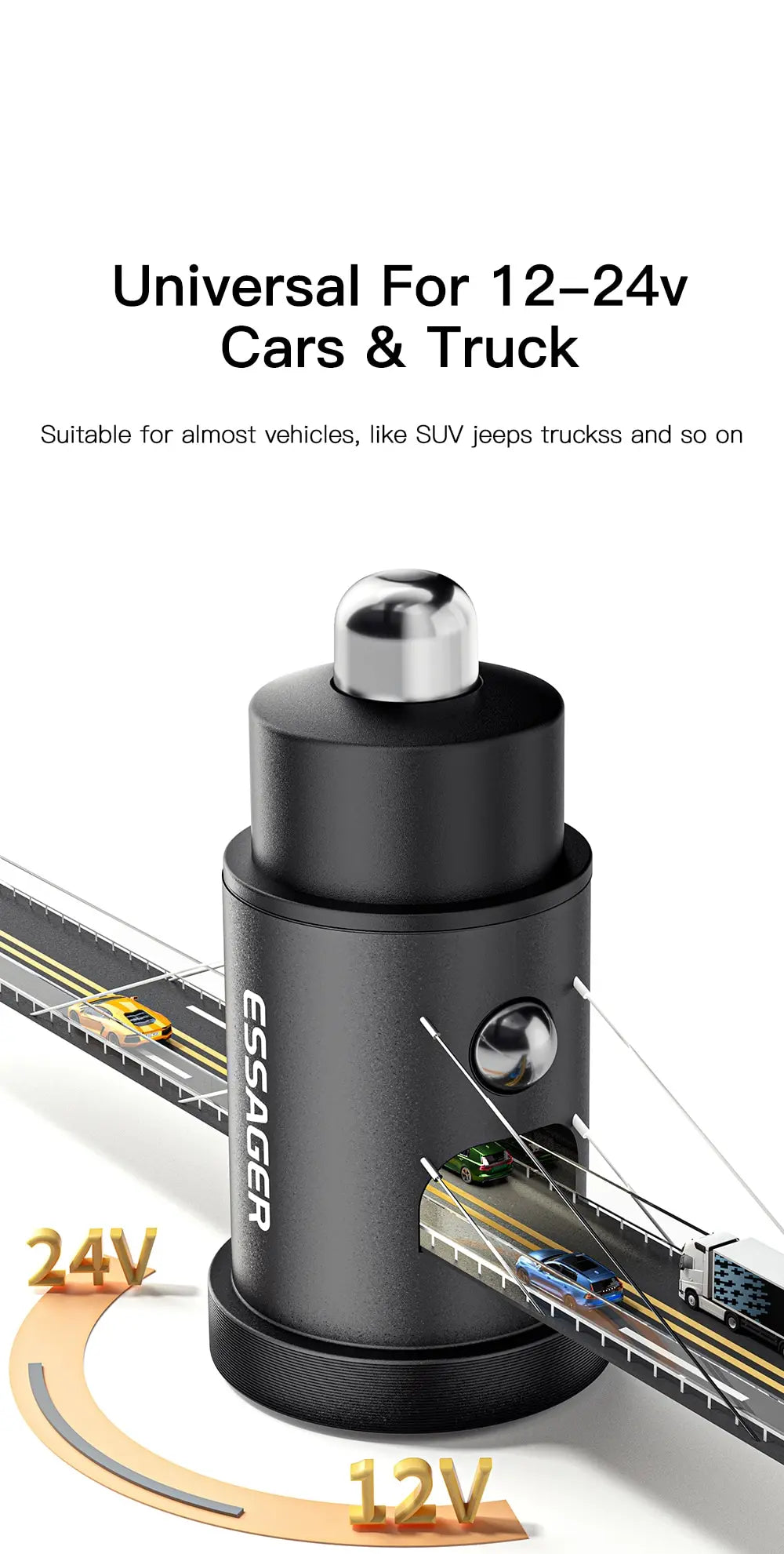 Cargador de coche Essager 30W 5A con 1 salida USB Tipo C y otra tipo A