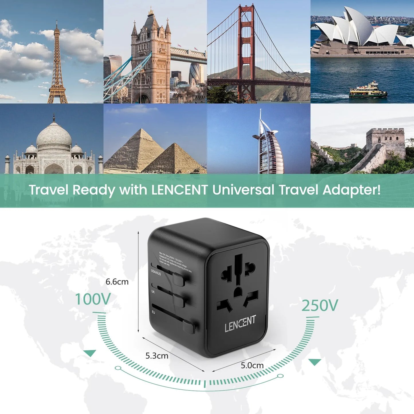 Adaptador de corriente de viaje internacional Lencent todo en uno para UE/REINO UNIDO/EE. UU./AUS