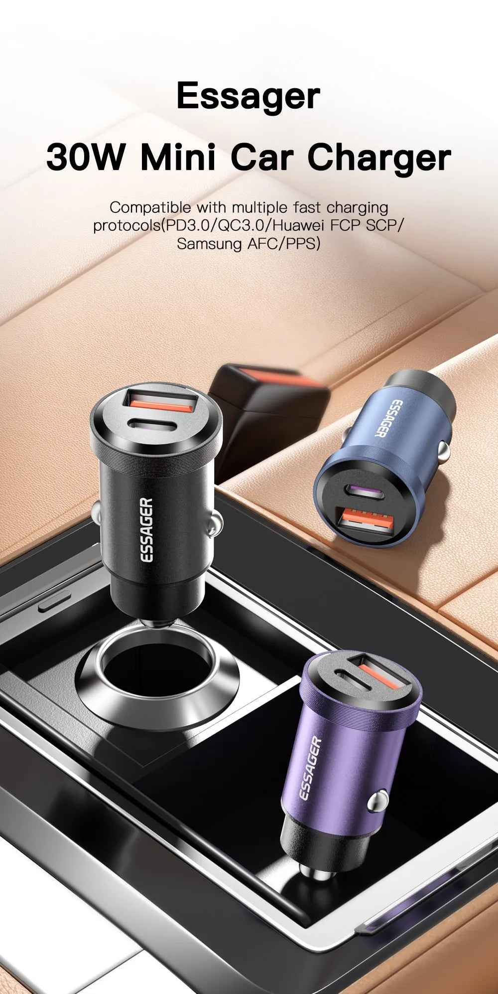 Cargador de coche Essager 30W 5A con 1 salida USB Tipo C y otra tipo A