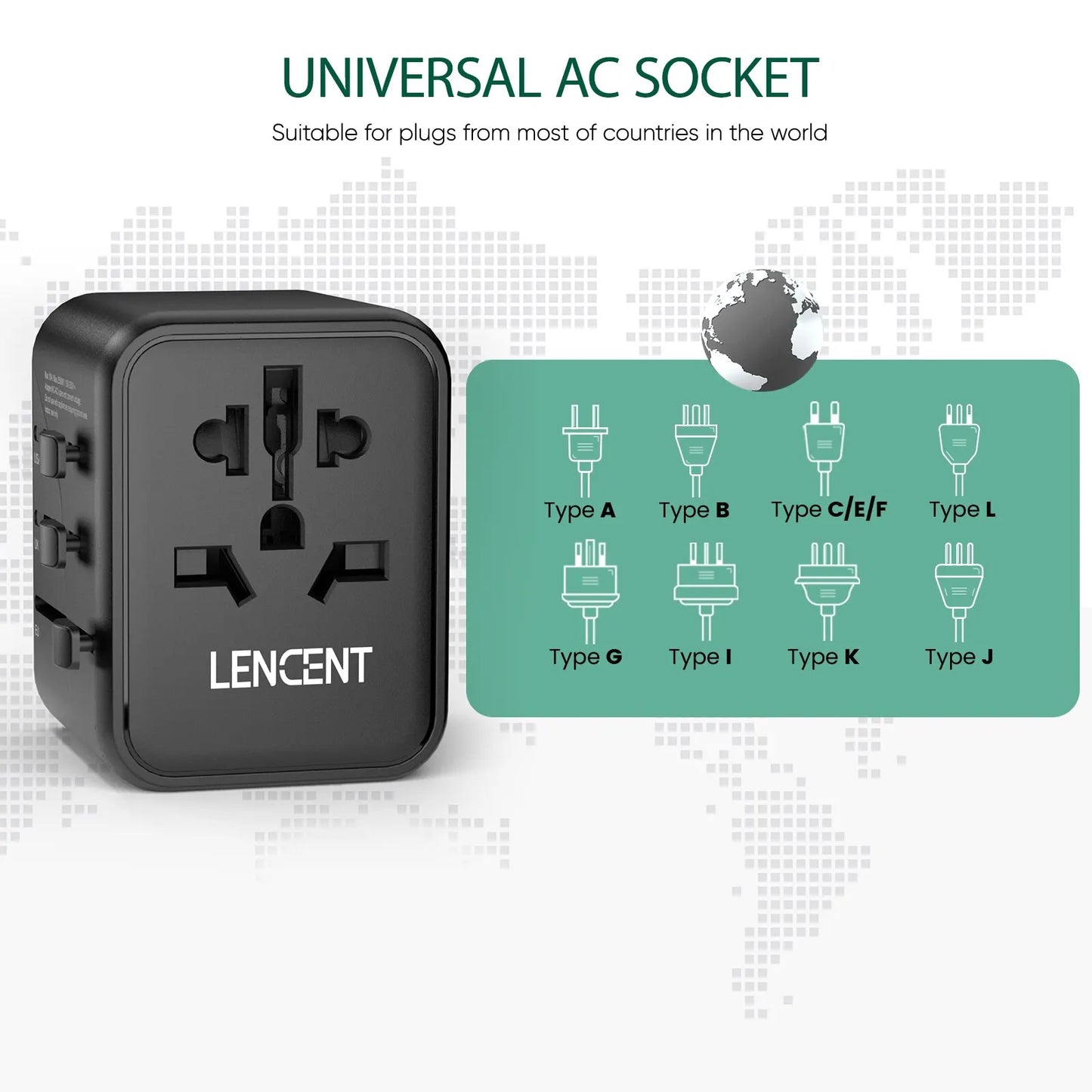 Adaptador de corriente de viaje internacional Lencent todo en uno para UE/REINO UNIDO/EE. UU./AUS