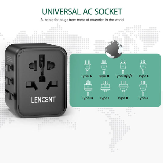 Adaptador de corriente de viaje internacional Lencent todo en uno para UE/REINO UNIDO/EE. UU./AUS