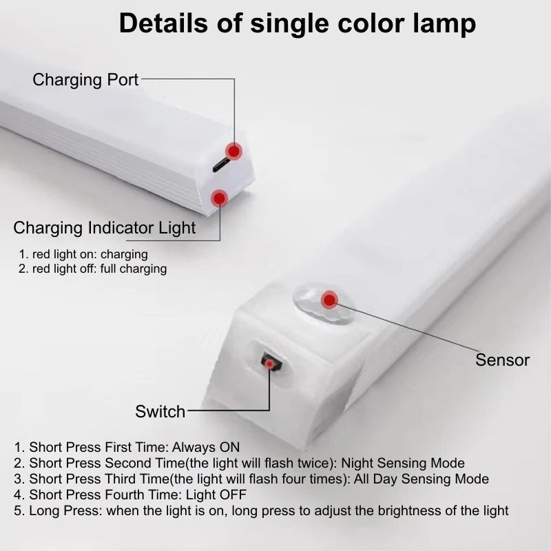 Barra de Luz LED con Sensor PIR Recargable USB: Luz Nocturna Regulable y Portátil para Cocina, Armarios y Pasillos