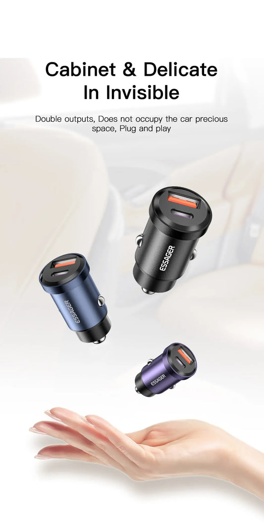 Cargador de coche Essager 30W 5A con 1 salida USB Tipo C y otra tipo A