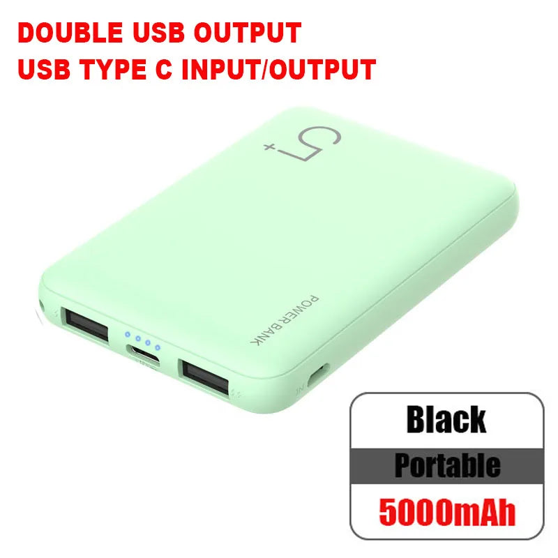 Power Bank 5000 mAh - ultra-thin portable external battery with USB-C output