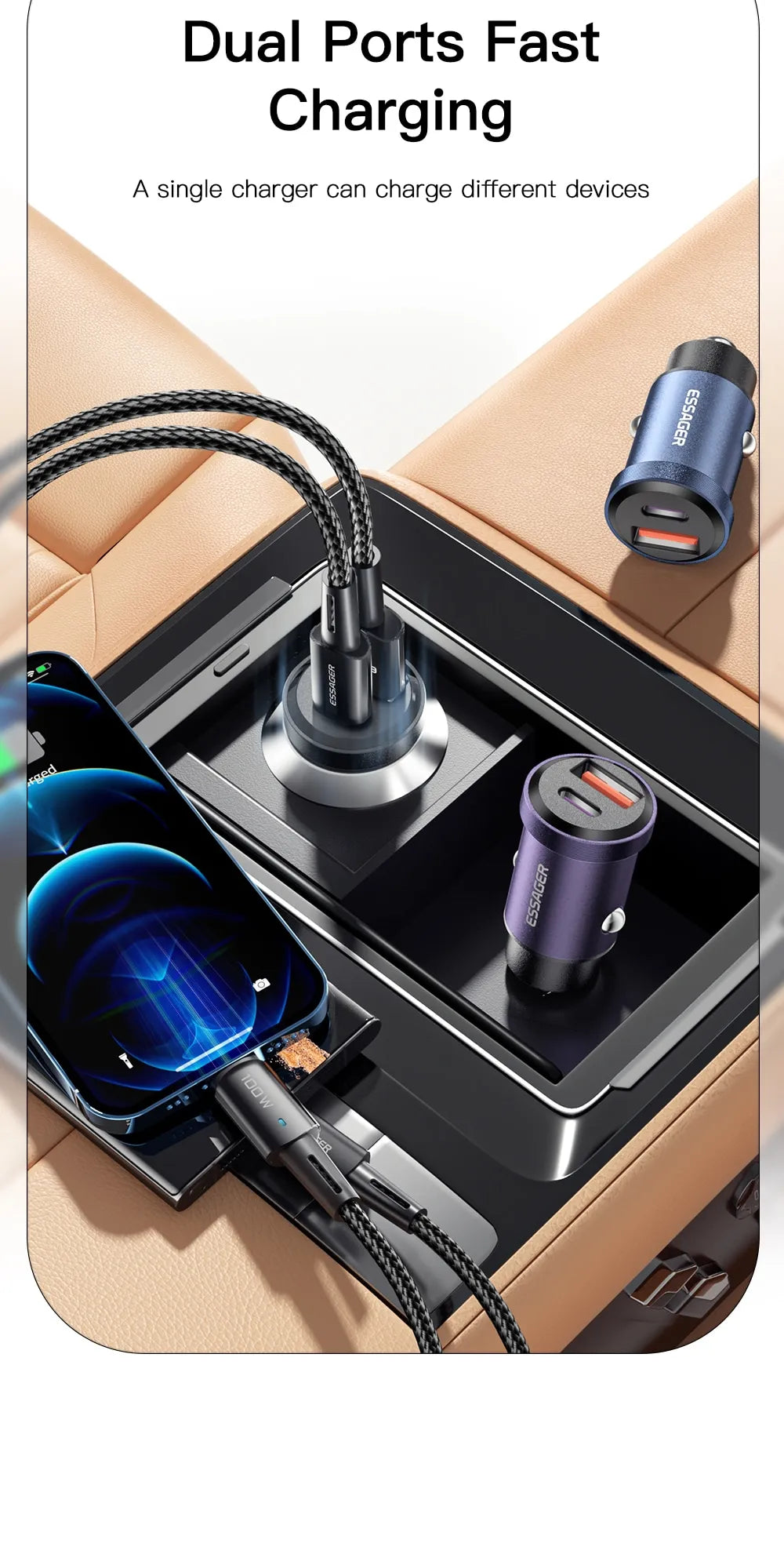 Cargador de coche Essager 30W 5A con 1 salida USB Tipo C y otra tipo A