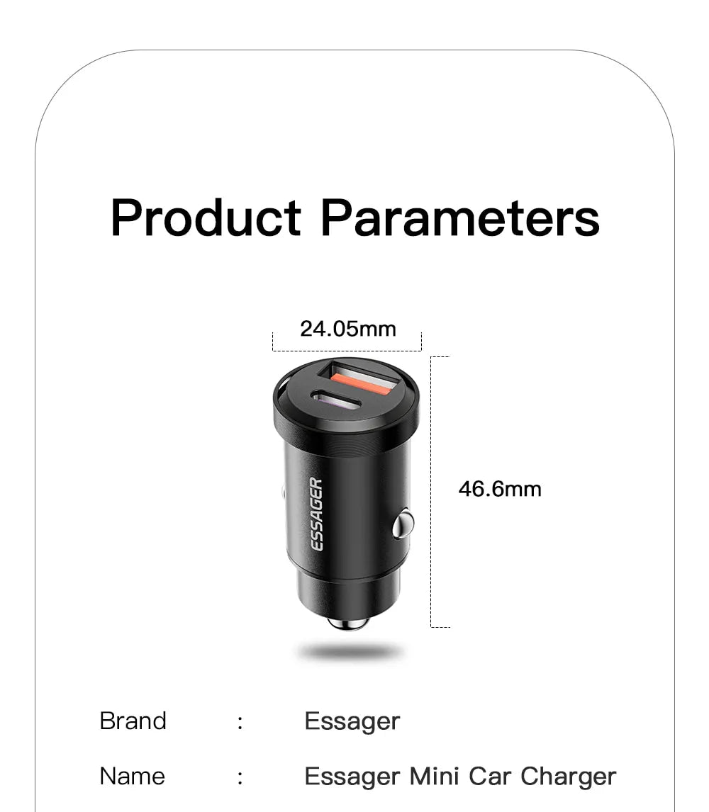 Cargador de coche Essager 30W 5A con 1 salida USB Tipo C y otra tipo A