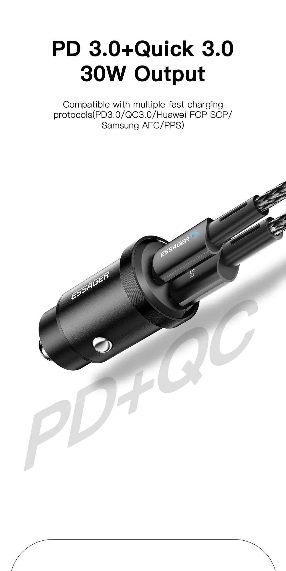 Cargador de coche Essager 30W 5A con 1 salida USB Tipo C y otra tipo A