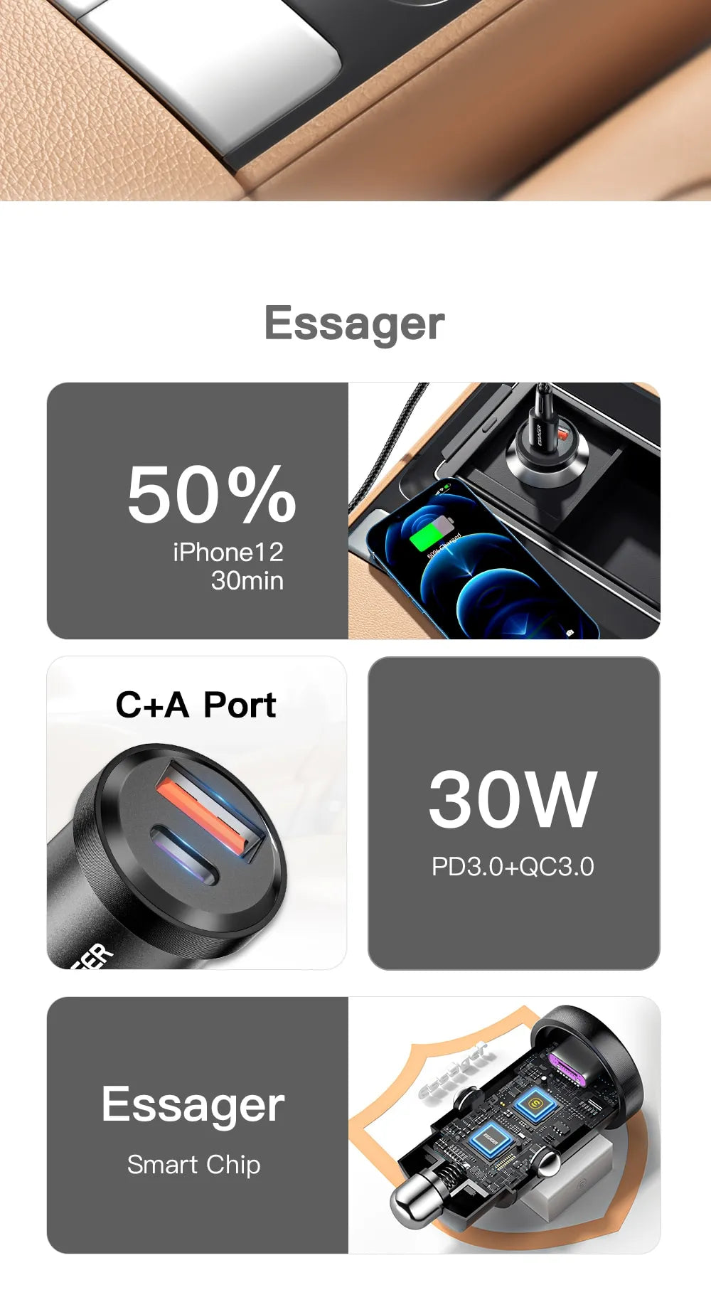 Cargador de coche Essager 30W 5A con 1 salida USB Tipo C y otra tipo A