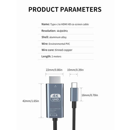 Cable USB tipo C a HDMI 4K de 2 metros de longitud