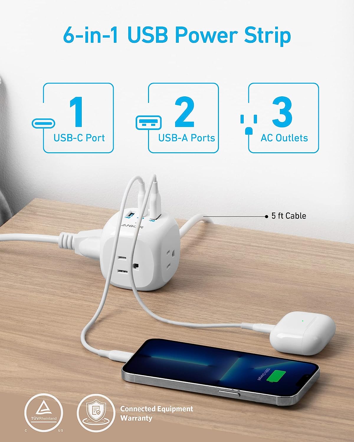 Anker 321 Power Strip 5-Foot Extension Cable with USB-C USB-A output and 3 AC outlets