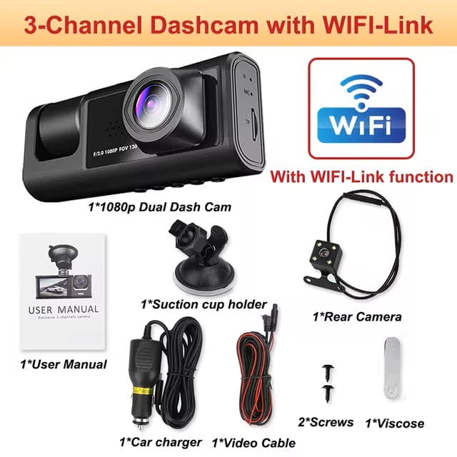 DashCam Con 2 camaras HD con WiFi - Cámara de Salpicadero Frontal e Interior con Visión Nocturna