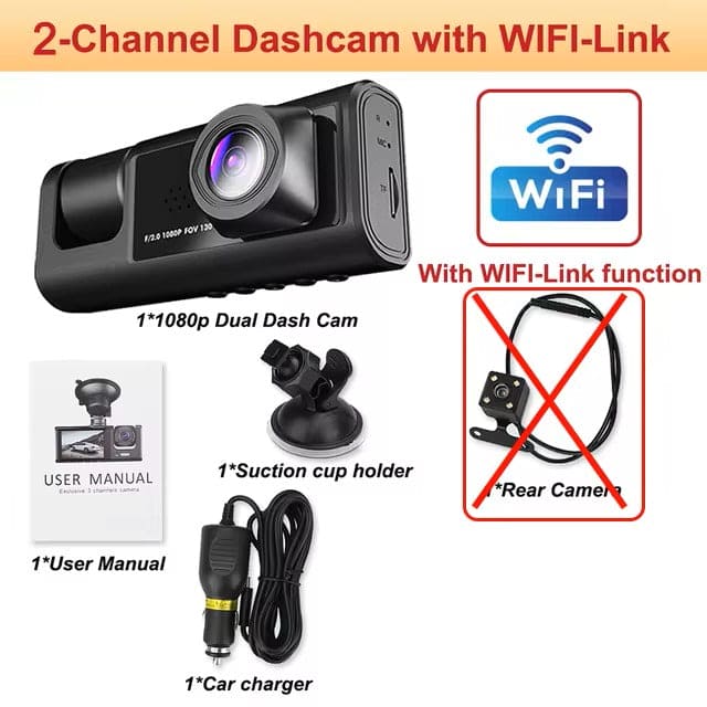 DashCam Con 2 camaras HD con WiFi - Cámara de Salpicadero Frontal e Interior con Visión Nocturna