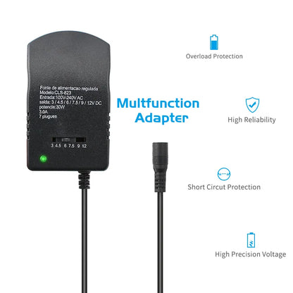 Multifunction adapter with 3.0/4.5/6.0/7.5/9.0/1 2V DC output